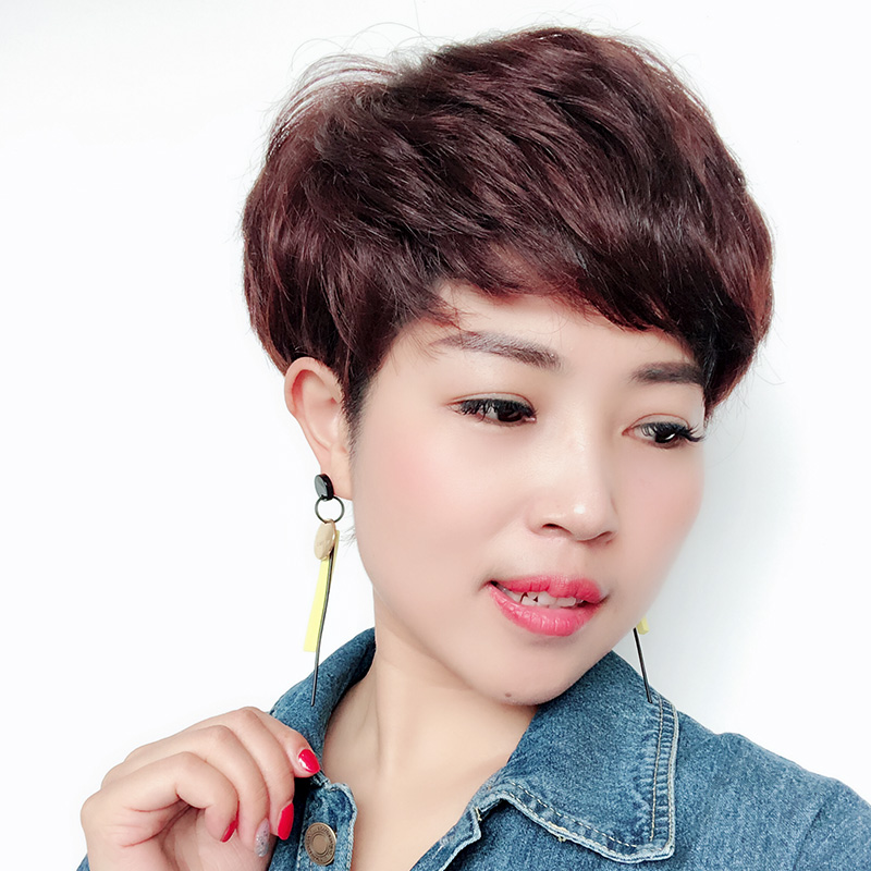 尚新精品真人发丝整顶发套中老年女士短卷发手织斜刘海假发
